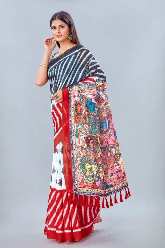 Women's Pure Cotton Ikkat Digital Print Multicolor Saree view 2