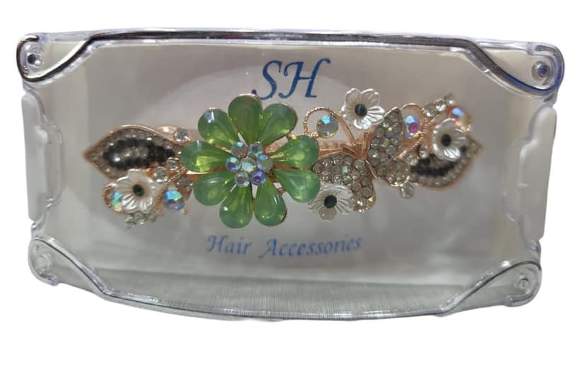 Green Rhinestone and Pearl Flower Hair Clip view 3
