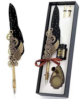 Feather Pen and Ink Set, Mechanic Style Quill Calligraphy Pen with Blue or Black Ink, 2 Replacement Nibs and Pen Holder, Vintage Signature Fountain Pen Dip Pen Gift Set
