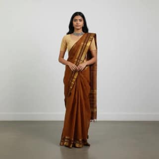Handwoven Kanchipuram Cotton-Silk Saree in Ochre Brown with Golden Border