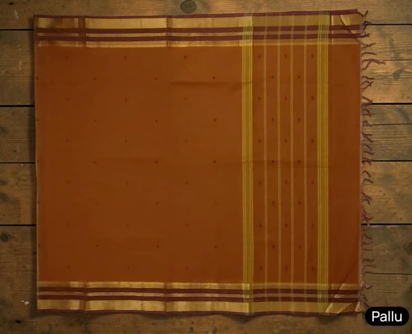 Handwoven Kanchipuram Cotton-Silk Saree in Ochre Brown with Golden Border view 4