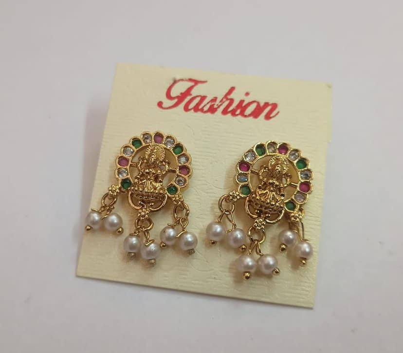 14k Gold Plated Goddess Lakshmi Pearl Drop Earrings view 3
