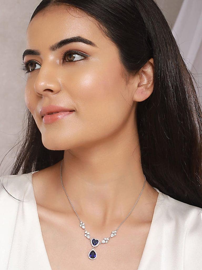 Anti-Tarnish Silver Plated Blue Sapphire AD Heart Shaped Minimal Pendant Chain Necklace
