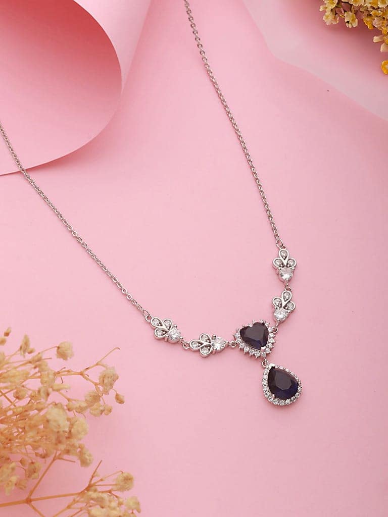 Anti-Tarnish Silver Plated Blue Sapphire AD Heart Shaped Minimal Pendant Chain Necklace view 2