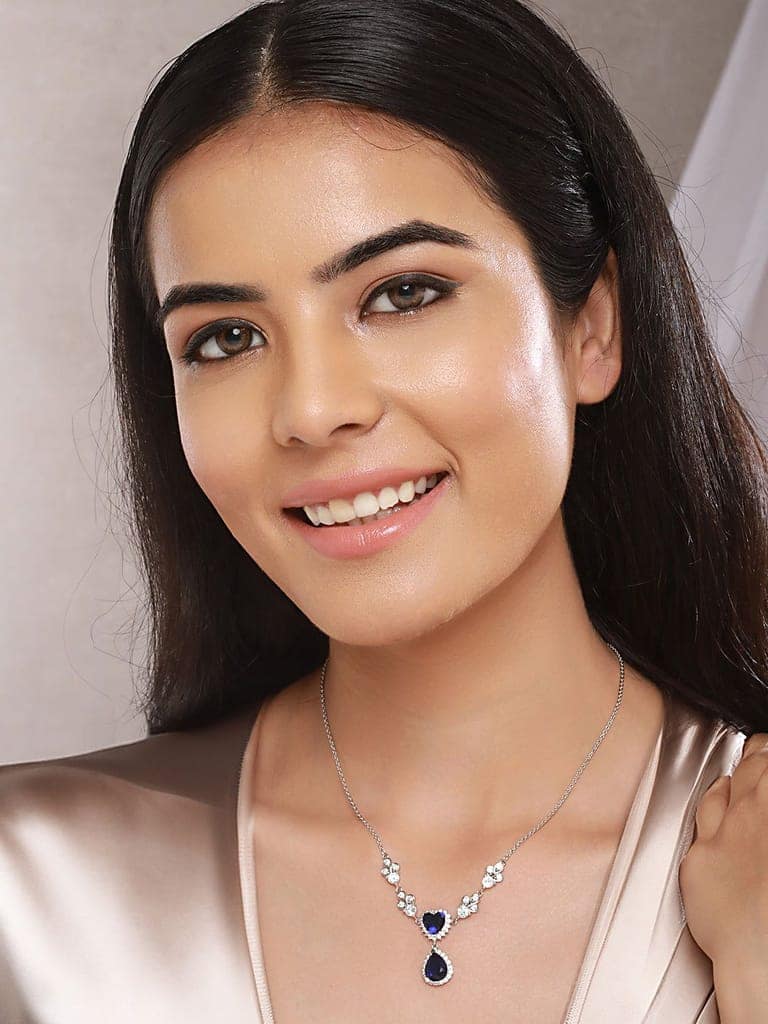 Anti-Tarnish Silver Plated Blue Sapphire AD Heart Shaped Minimal Pendant Chain Necklace view 3