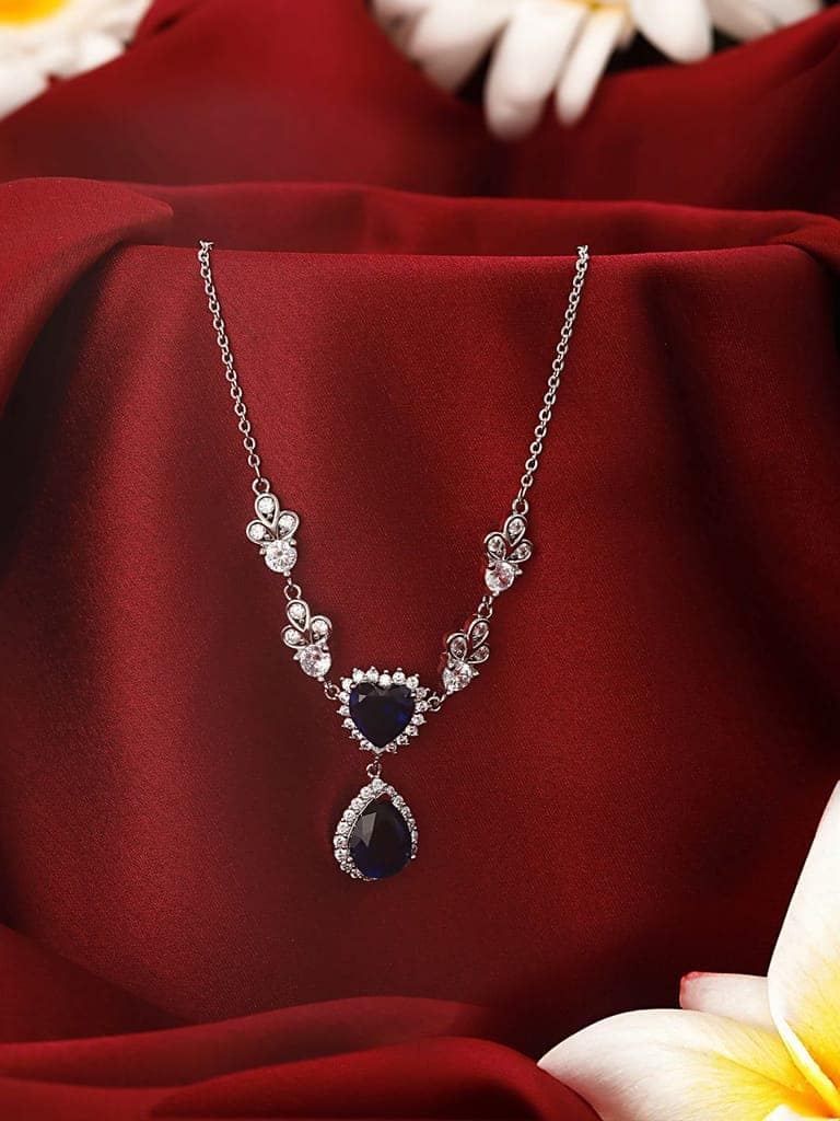 Anti-Tarnish Silver Plated Blue Sapphire AD Heart Shaped Minimal Pendant Chain Necklace view 4