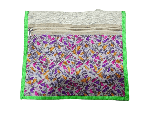 Stylish and Trendy Jute Bag with Colorful Geometric Print and Green Border
