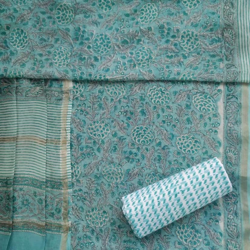 Traditional Hand Block Floral Jaal Print Chanderi Silk Suit Set (CHA389) view 3