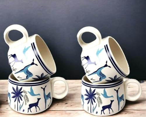 STOREPEDIA Handmade Stag Blue Ceramic Tea Coffee Cup Mug Set of 4 Microwave Dishwasher Safe Medium Size Chai Milk Cups for Home Office Gift Use 150 ml Multicolor view 2