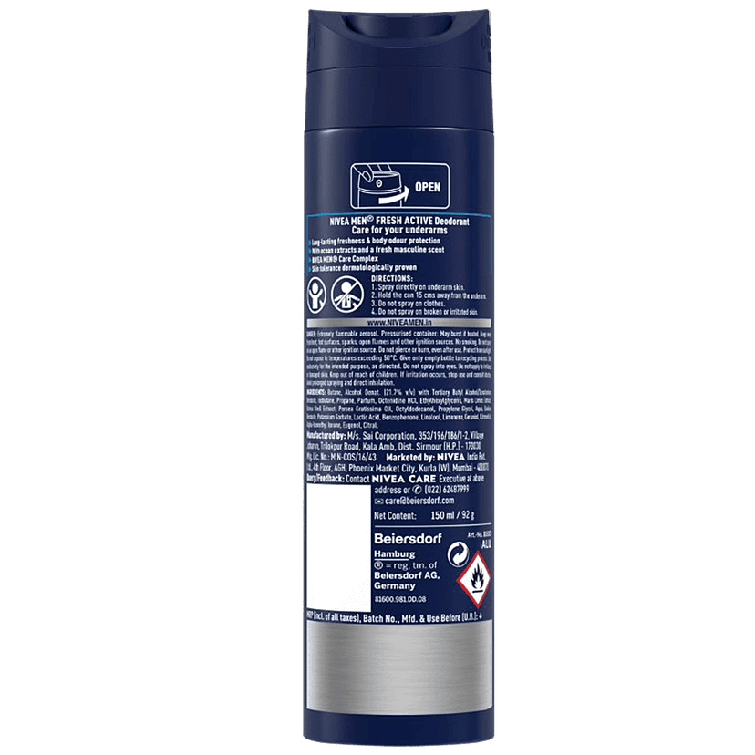 Nivea Men Fresh Active Deodorant - Ocean Extracts, Long Lasting Freshness, 150 Ml Bottle view 2