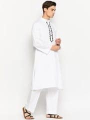 Men's White Cotton Embroidered long Kurta view 5