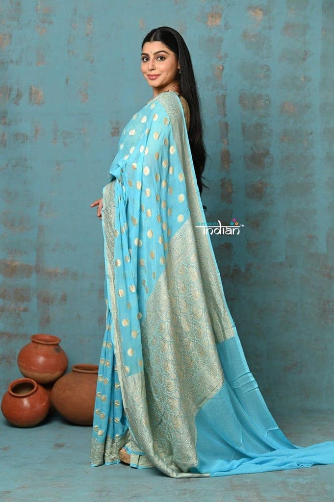 Suhaani ~ Handloom Khaddi Georgette Saree With All Over Jaal~ Delicate Blue (Silk Mark) view 2
