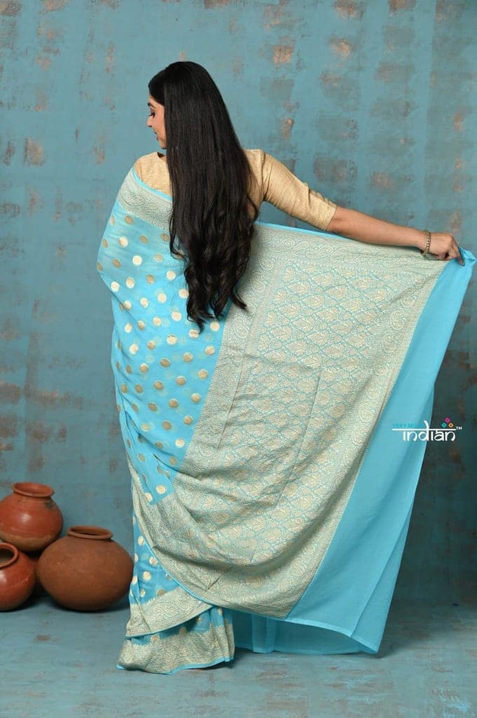 Suhaani ~ Handloom Khaddi Georgette Saree With All Over Jaal~ Delicate Blue (Silk Mark) view 3