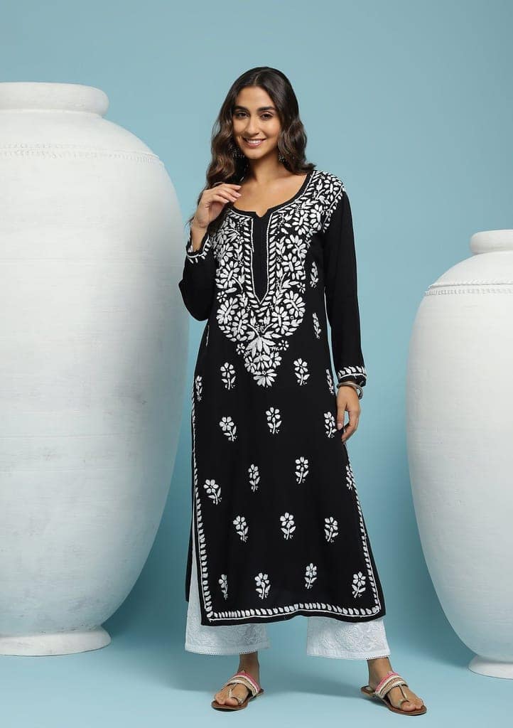Rayon Chikankari Solid Women's Long Kurta - Black