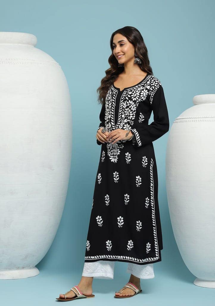 Rayon Chikankari Solid Women's Long Kurta - Black view 4