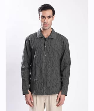 IVOC 100% Cotton Relaxed Fit Self Design Full Sleeves Cuban Collar Men's Casual Shirt (Dark Green)