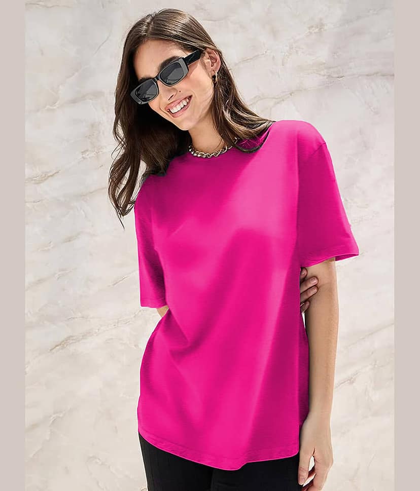 Leotude Women Cotton Blend Solid Oversized Fit Round Neck T-Shirt ( Pink ) view 2