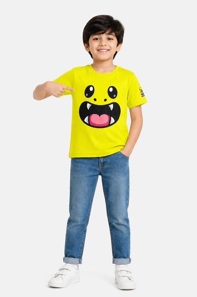 KUCHU Unisex T-Shirt | Monster Print | 8–9 Years | Cotton Modal Fabric | Soft Feel | Breathable | Digitally Printed | Vibrant Colour Yellow view 2