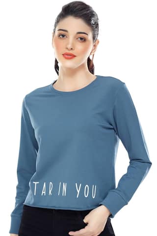 Zeyo Women Cotton Blue Printed Full Sleeve Crop Top