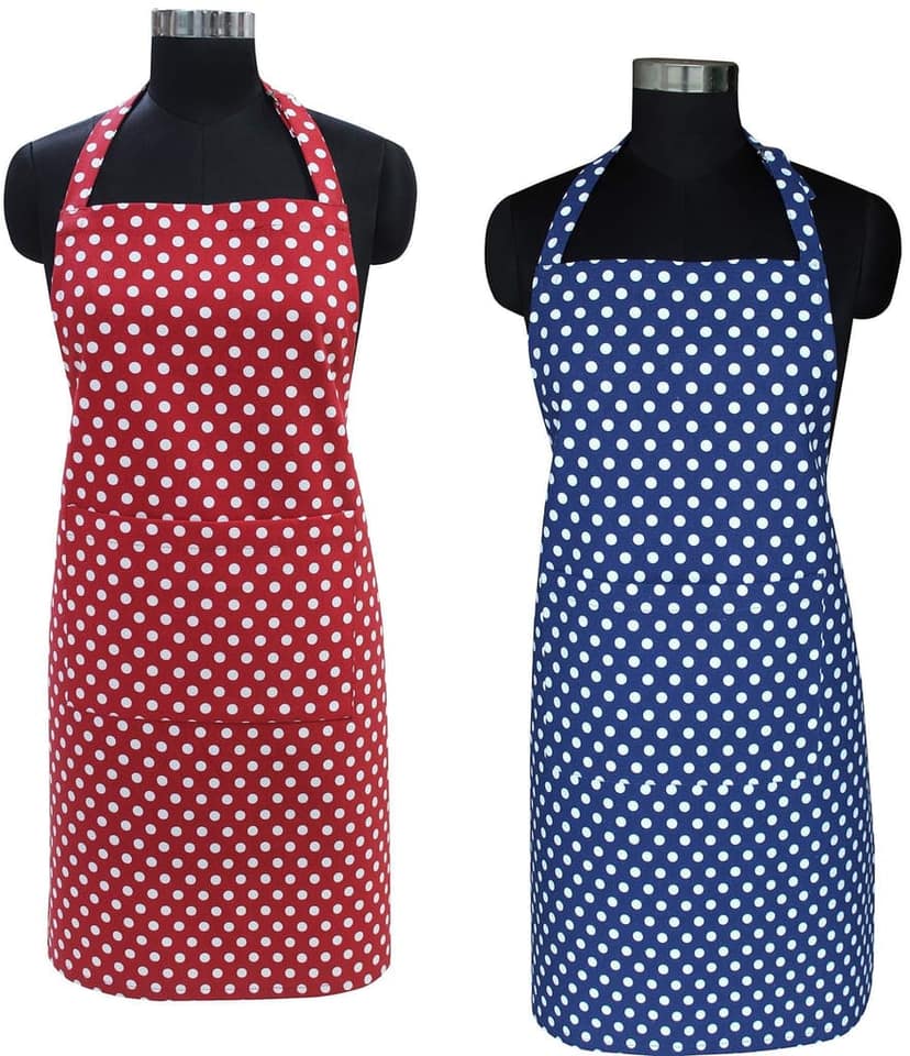 AIRWILL 100% Cotton Quality Polka Pattern Printed Free Sized Apron with 1 Center Pocket (Red,Blue, Pack of 2)