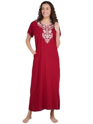 KOI SLEEPWEAR Premium Women White SIX Flower Embroidery Night Gown Lizzybizzy Cotton Nighty Maxi