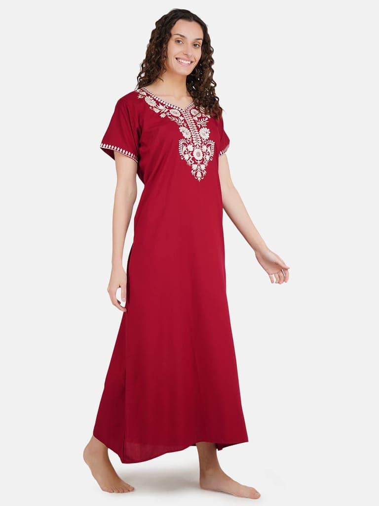 KOI SLEEPWEAR Premium Women White SIX Flower Embroidery Night Gown Lizzybizzy Cotton Nighty Maxi view 3