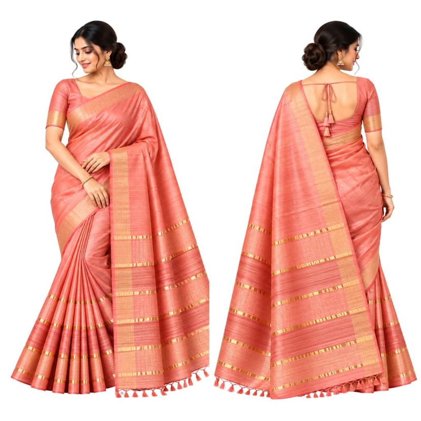 Women’s Peach Pink Silk Blend Saree with Golden Zari Border, Traditional Woven Design and Tassel Pallu | Elegant Festive, Wedding & Party Wear Saree view 2