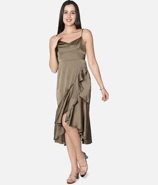 NUEVOSDAMAS Women Satin Solid Asymmetric Dress ( Green )