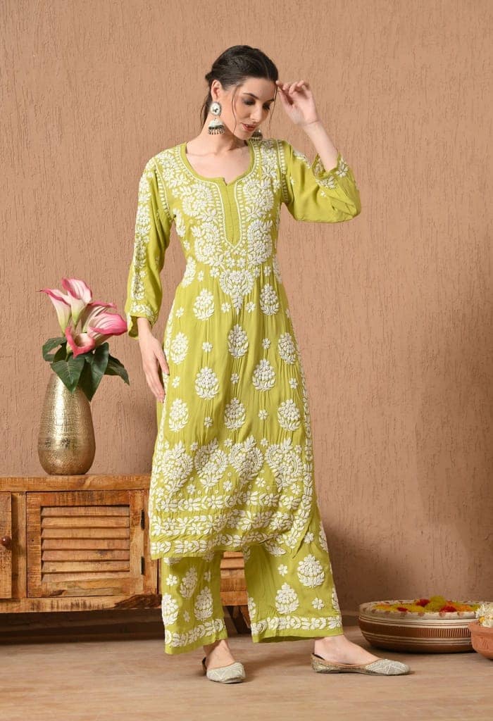 Hand Embroidered Chikankari Modal Plazo Set with 3D Floral Work-Sea Green view 2