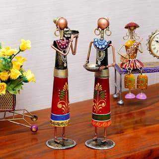 Riddhi Siddhi Handicraft Metal Rural Lady Decorative Showpiece Figurine Statue for Home Décor (Set of 2) Red