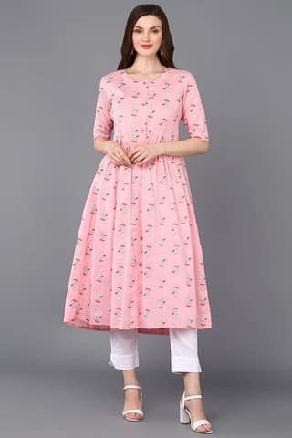 Cotton Pink Printed Flared Kurta VCK9322