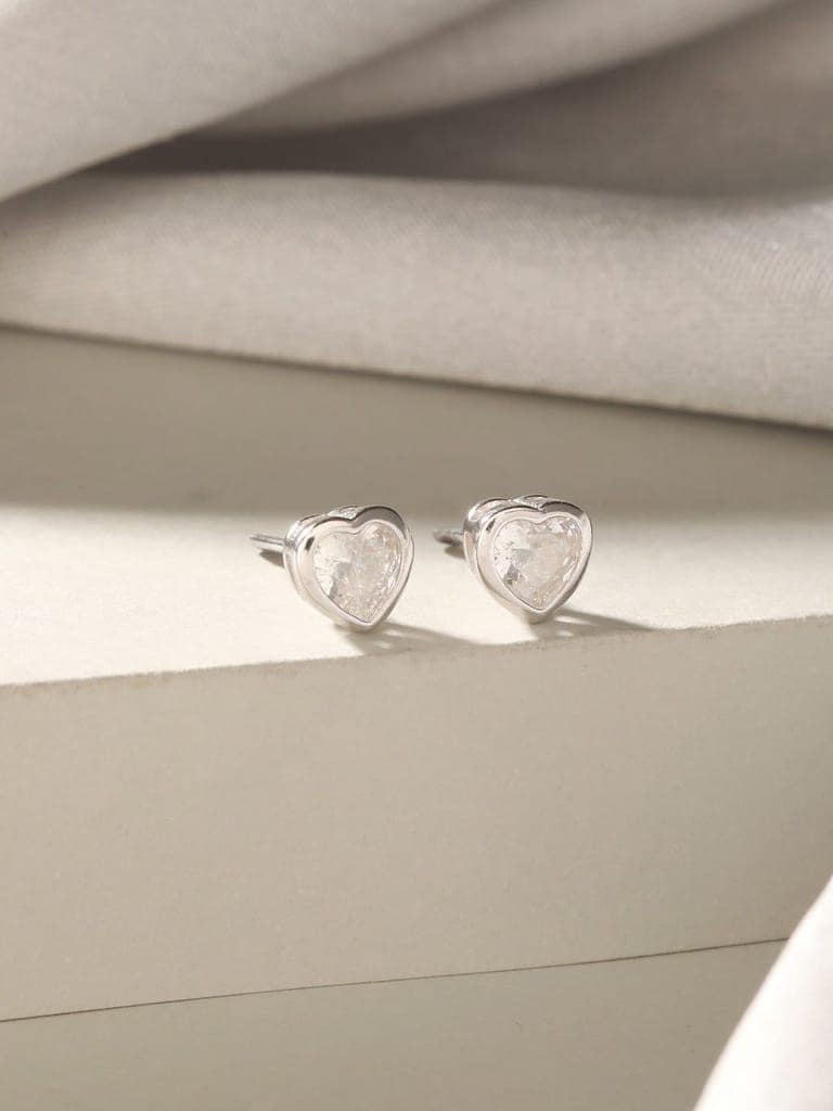 925 Sterling Silver Zircon Studded Heart Shaped Halo Solitaire Minimal Studds Earrings view 6