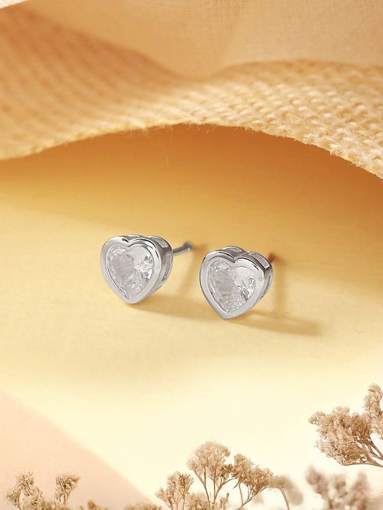 925 Sterling Silver Zircon Studded Heart Shaped Halo Solitaire Minimal Studds Earrings view 8