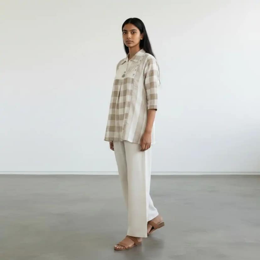 Handloom Cotton Co-Ord Set with Mirror Work and Pockets in Cream Beige view 2