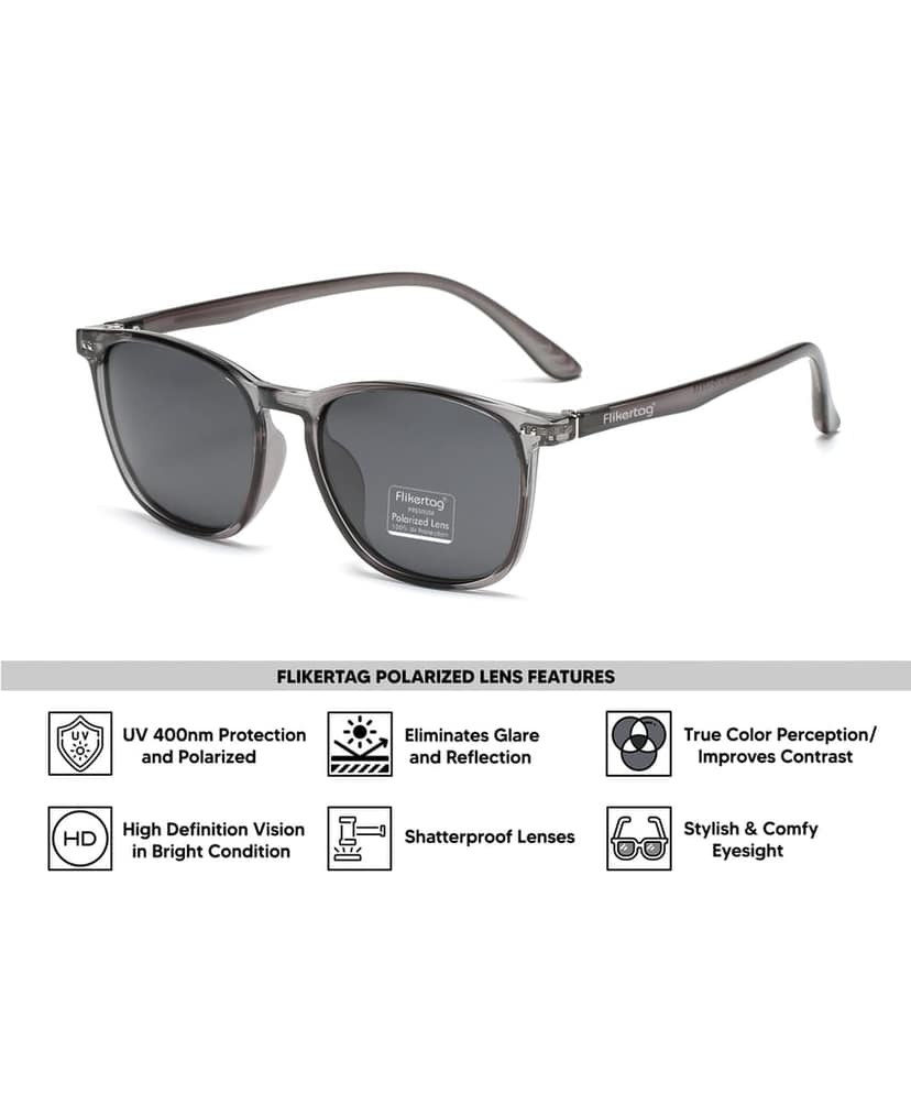 Flikertag Polarized Sunglasses With UV Protection For Men & Women | HD Vision with Grey Lens [FTS 561 F3 Square/Wayfarer Shiny Grey Frame with Smoke lens, 54mm]