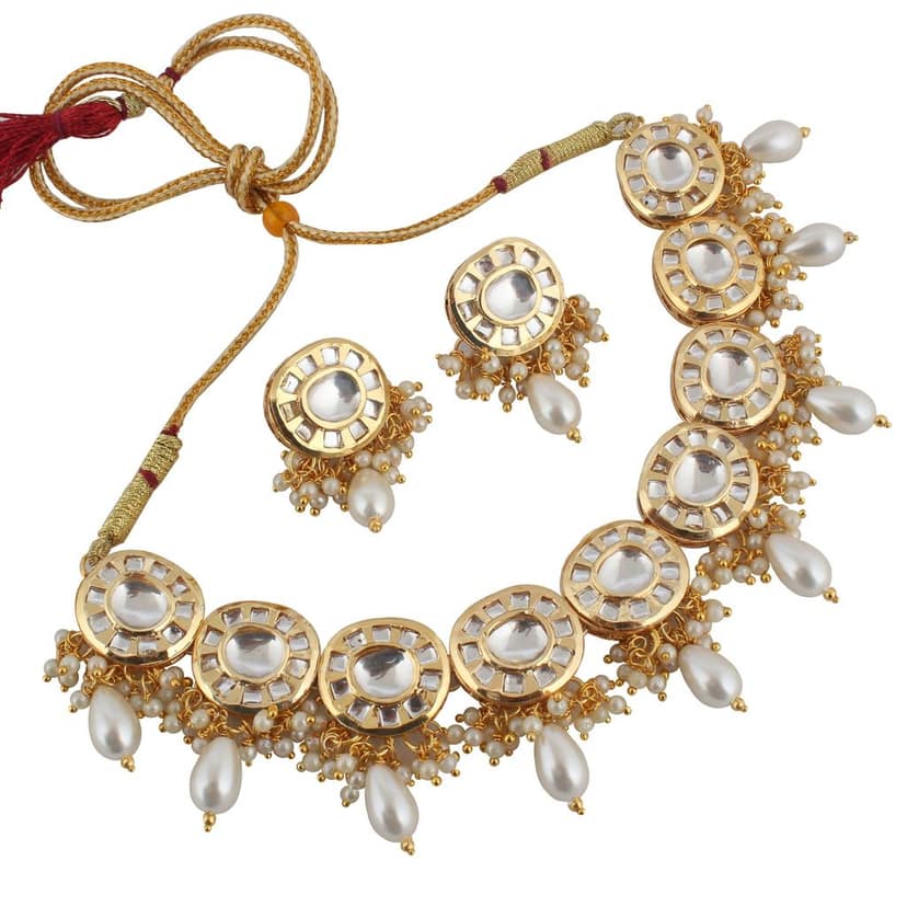 Lucky Jewellery Meenakari 18k Gold Plated White Color Earring Combo Uncut Big Faux Kundan Necklace set (1010-J5SK-1816-W) view 2