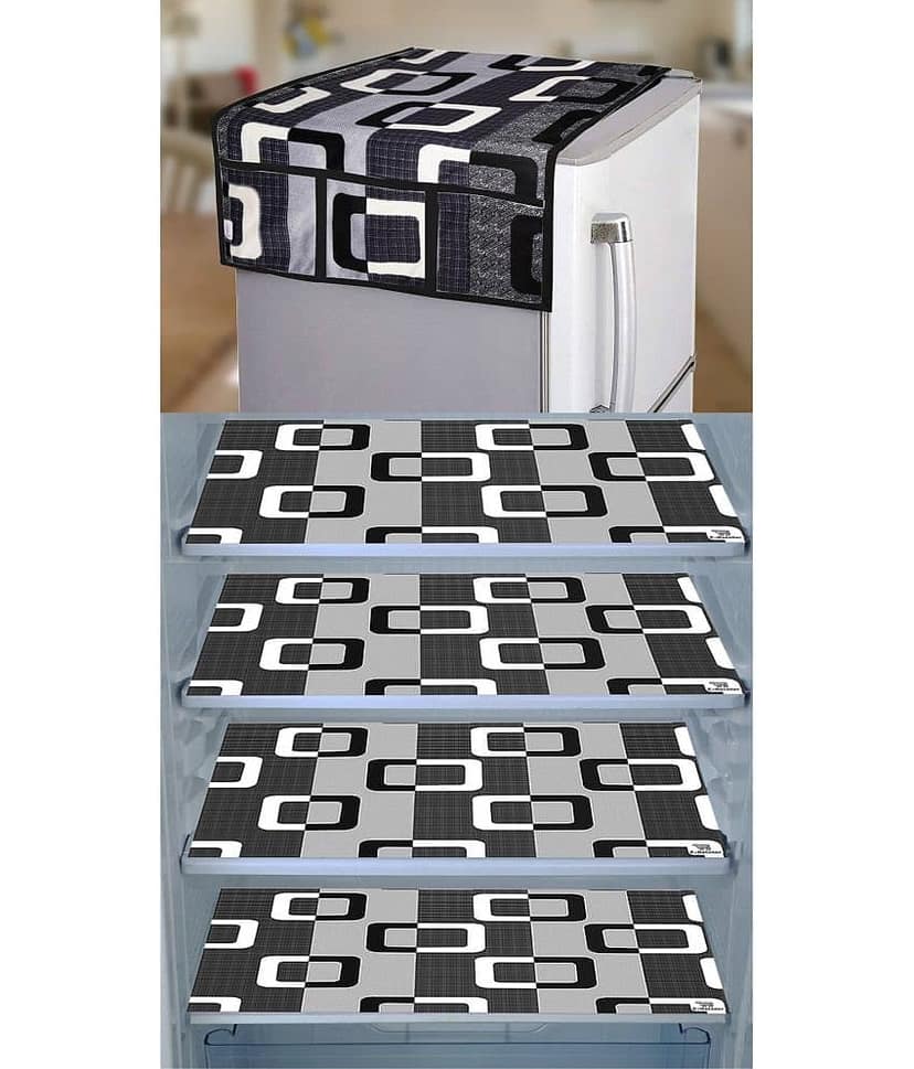 Crosmo Polyester Geometric Fridge Mat & Cover ( 64 18 ) Pack of 5 - Gray