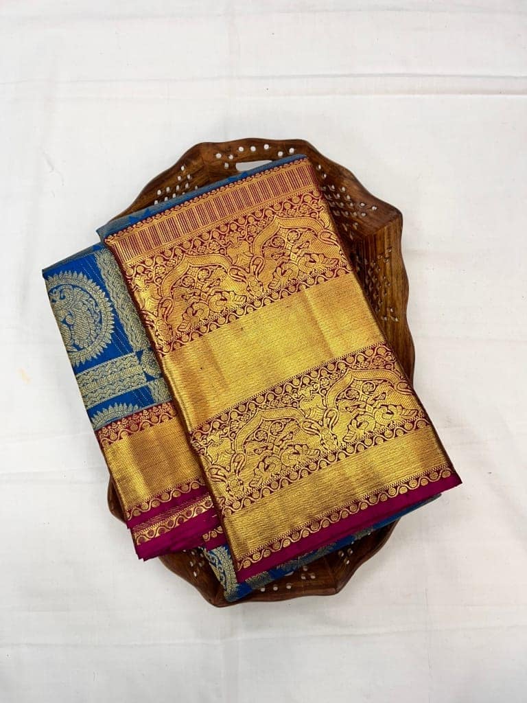 Blue with Dark Pink Color Checked Pattern Beautiful Peacock Design Long Border Zari Woven Pure Silk Saree view 2