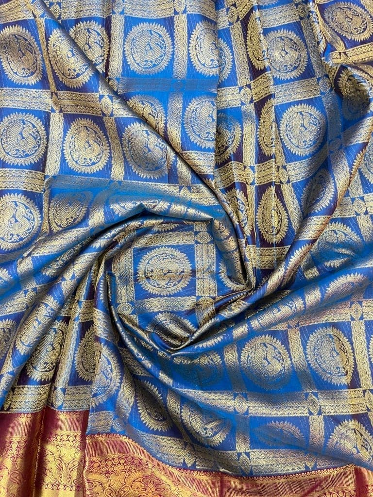 Blue with Dark Pink Color Checked Pattern Beautiful Peacock Design Long Border Zari Woven Pure Silk Saree view 3