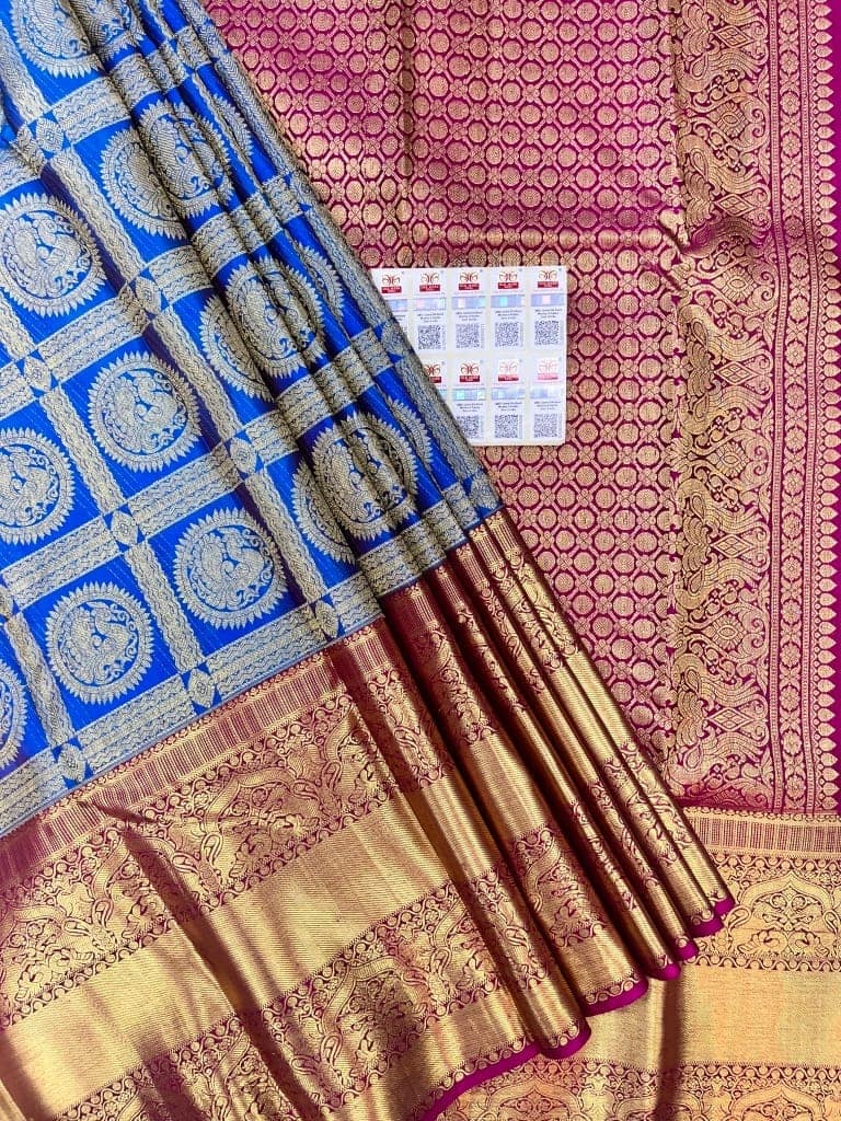 Blue with Dark Pink Color Checked Pattern Beautiful Peacock Design Long Border Zari Woven Pure Silk Saree view 5