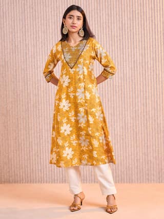 Mustard Modal Chanderi Printed Kurti With Sequins Embroidery