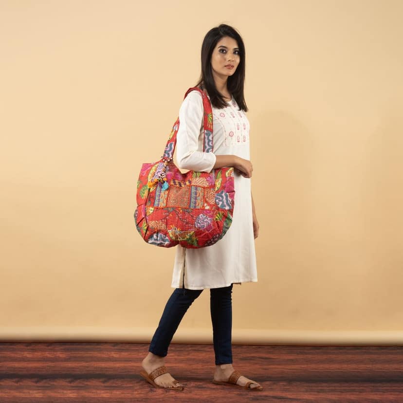 Rajasthani Embroidered Shoulder Bag, Pure Cotton Shoulder Bag With Handmade Beautiful Patchwork view 8
