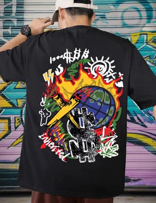 SCOTT FINCHER Men's Streetwear T-shirt with Flame and Money Graphic : AA(ARN)BLACK_272