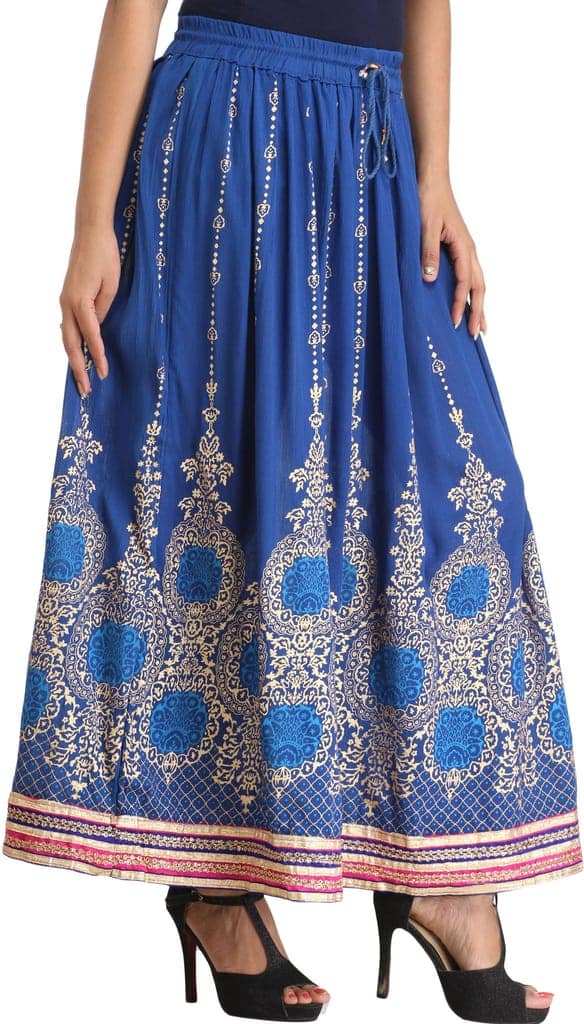 Classic-Blue Embellished Long Skirt with Golden Print and Embroidered Patch Border view 3