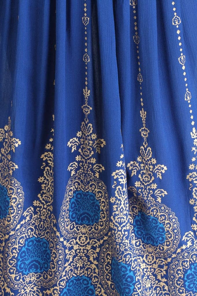Classic-Blue Embellished Long Skirt with Golden Print and Embroidered Patch Border view 5