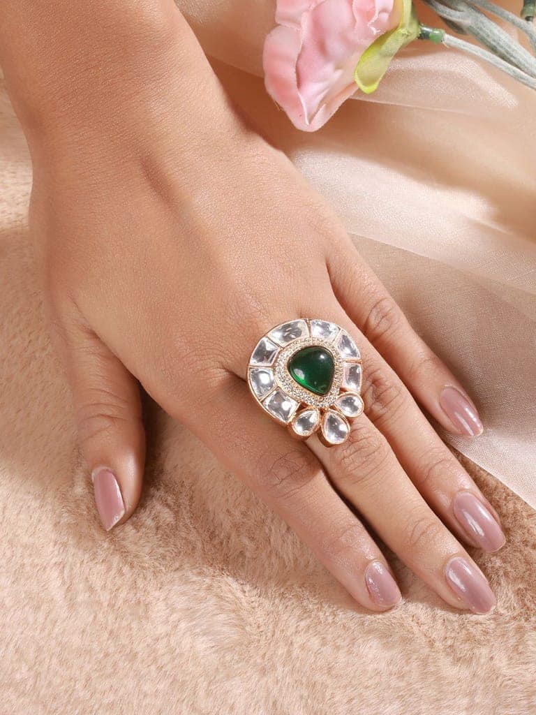 Gold Polish Green Polki Kundan Designer Adjustable Engagement Finger Ring view 2