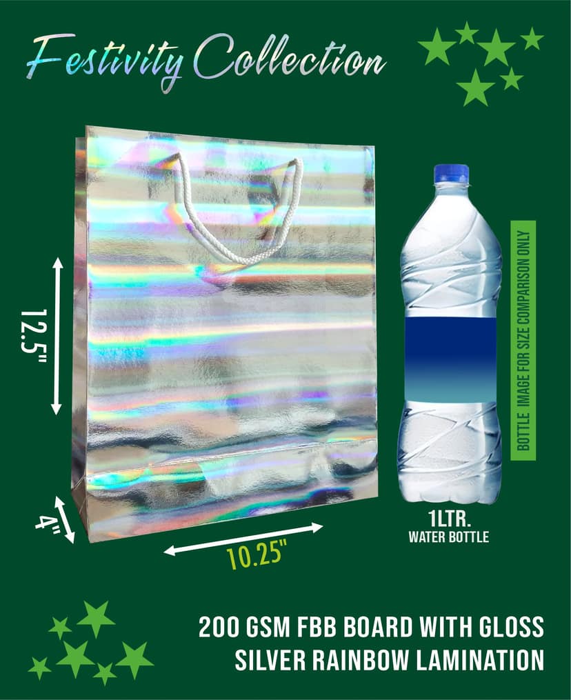 Silver Rainbow Lamination Glittery Premium Paper Gift Bags, Ideal For Festive Gifting, & Gifting on Special Occasions (Size: 12.5 x 10.25 x 4 inch) - 5 view 2