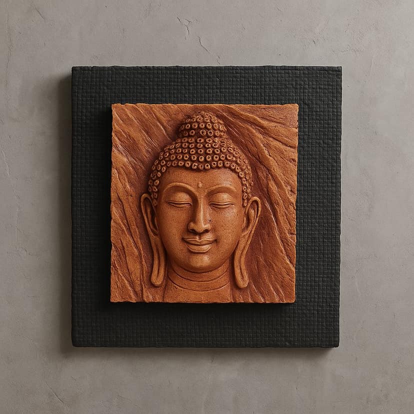 Terracotta Buddha Face Wall Art on Textured Base view 2