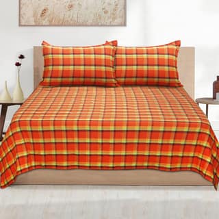 AIRWILL, 200GSM Handloom Cotton Double Bedsheet with 2 Pillow Covers, Iron Dobby Checked Designer Weaved Orange and Green - Pack of 3 pcs