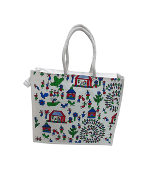 Hand-painted Canvas Tote Bag with Warli Art